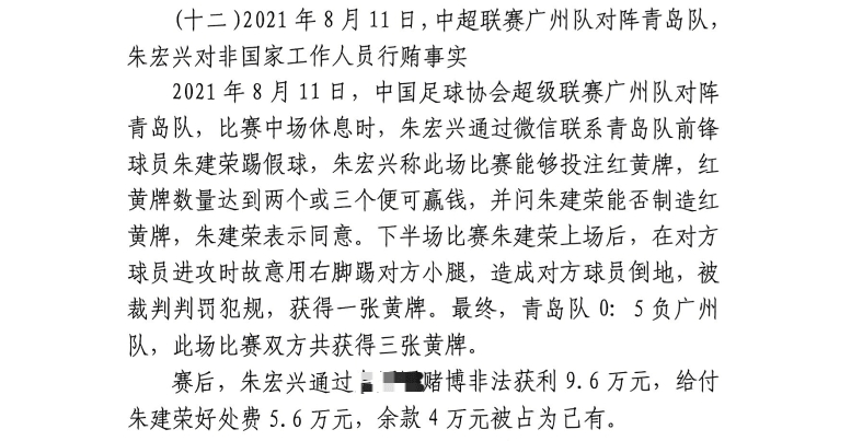 網(wǎng)傳判決書(shū)：青島球員朱建榮故意踢對方小腿，染黃收5.6萬(wàn)好處費